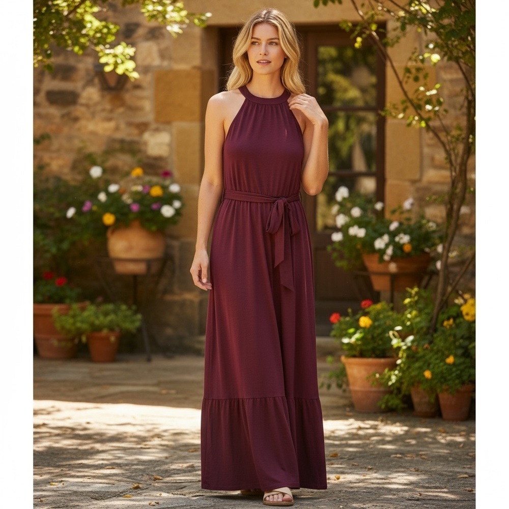 Tash And Sophie Maxi Dress Tiered Tie Waist Dress Keyhole Berry New Size M NWT